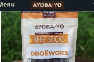 Screenshot of the Ayoba-Yo website - these grass fed beef sticks from Ayoba-yo, also known as Droewors in south aftrica appear to be Paleo friendly versions of beef jerky sticks, with added sugars and just a custom blend of spices. 