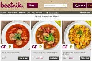 This is a screenshot of the Beetnik Foods website. Beetnik Foods focuses on Paleo frozen meals available in health food stores in many parts of the USA. However, we include them here as they also offer their Paleo Diet meals delivered through the mail. Through their website you can order Paleo food like grass fed beef, wild caught frozen fish and their Paleo ready meals sold in tv dinner style Paleo freezer meal packages. If you are searching for Paleo Diet home delivery, and are happy with your food coming in packaged frozen meal form, Beetnik Paleo meals may be just what you were searching for.