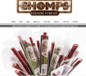 Screenshot of Chomps Snack Sticks Website - a paleo beef jerky stick brand offering new zealand grass fed beef sticks that are paleo, primal, gluten free, sugar free and hormone and preservative free