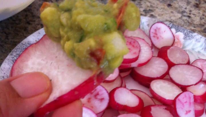 Radish chips are great to grab a big scoop of paleo guacamole, paleo veggie dip or any paleo dip, especially if you cut them the long (large) way...great scooping chips