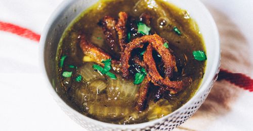 Paleo French Onion Soup from paleoeffect - with paleo onion rings, image used with permission