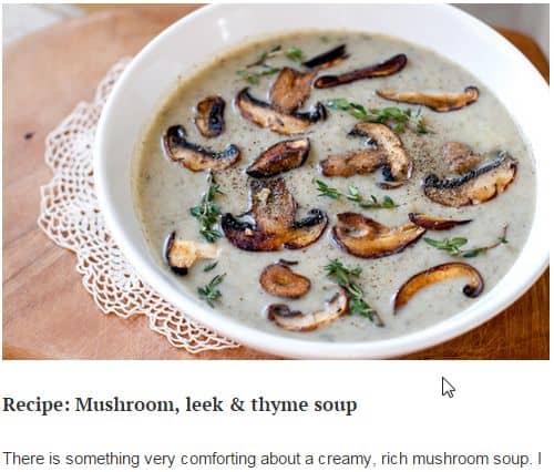 Mushroom, Leek and Thyme Soup from Eat Drink Paleo – Creamy, Exotic Mushrooms