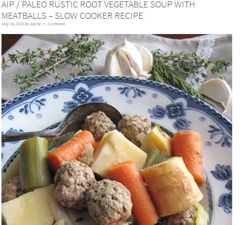 AIP Paleo Rustic Root Vegetable Soup with Meatballs from A Squirrel in the Kitchen – AIP, Slow Cooker, Paleo Vegetable Beef Soup, chicken broth