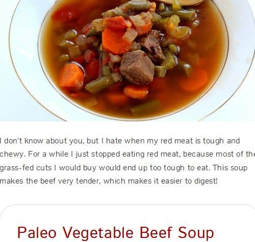 Paleo Vegetable Beef Soup from Bravo for Paleo – Paleo Vegetable Beef Soup, Frozen Vegetables, Slow Cooker (Option), Tomato base