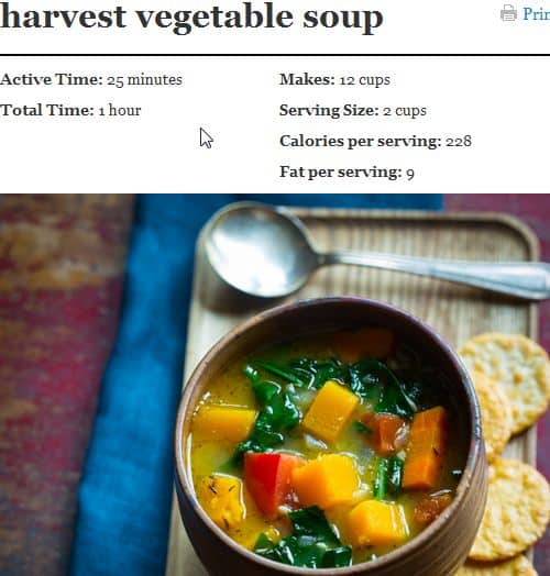 Harvest Vegetable Soup from Healthy Seasonal Recipes – Paleo Vegan Option (use vegetable broth), Spicy, Wine