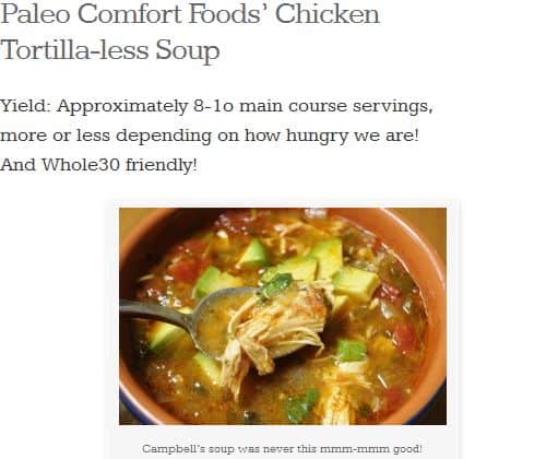 Chicken Tortilla-less Soup from Paleo Comfort Foods - Chicken, Chicken Broth