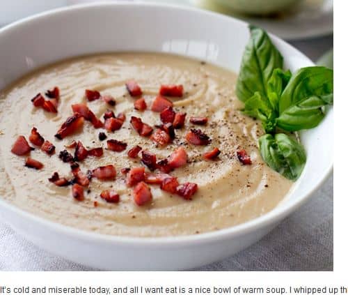 Creamy Cauliflower Soup with Crispy Bacon from Eat Drink Paleo - Chicken Broth, Bacon