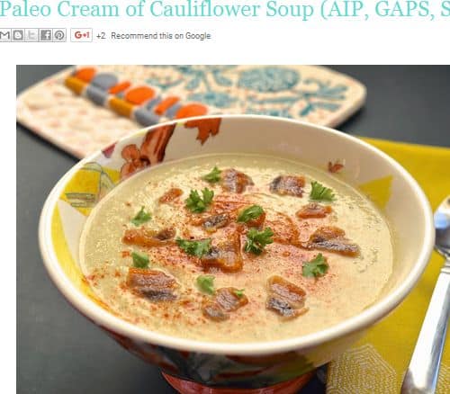 Paleo Cream of Cauliflower Soup from Pure and Simple Nourishment - AIP/SCD/GAPS Friendly, Bone Broth, Bacon