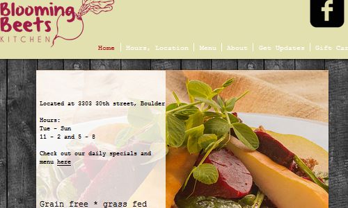 Screenshot of Blooming Beets Website - A restaurant offering a fully paleo menu in the greater Denver Colorado area, Paleo events and other grain free, gluten free, dairy free dining options - blooming beets, a great paleo restaurant boulder option for eating out. Checking out Blooming Beets Kitchen is a must for anyone trying to find boulder paleo restaurants.