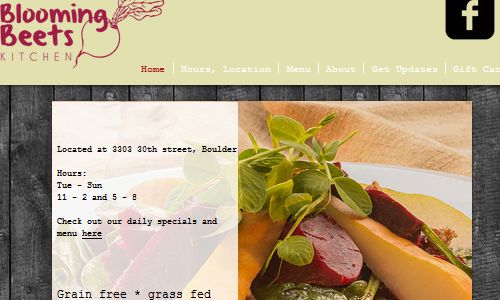Screenshot of Blooming Beets Website - A restaurant offering a fully paleo menu in the greater Denver Colorado area, Paleo events and other grain free, gluten free, dairy free dining options - blooming beets, a great paleo restaurant boulder option for eating out. Checking out Blooming Beets Kitchen is a must for anyone trying to find boulder paleo restaurants. 