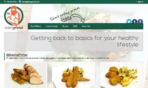 Screenshot of the Eating Primal Website - a local paleo food delivery service delivering to homes, gyms and crossfit locations in the greater Denver area. Meals offered are marked as either Paleo, Primal or Healthy