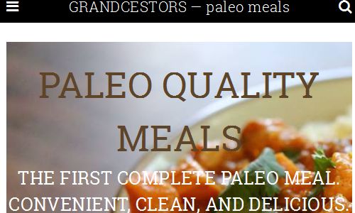 Screenshot of the Grandcestors website - Grandcestors offers frozen paleo tv dinners packaged in eco plastic containers to be reheated in the microwave. They are available in local area stores and offer shipping to your home via their website or through the Door to Door organics service