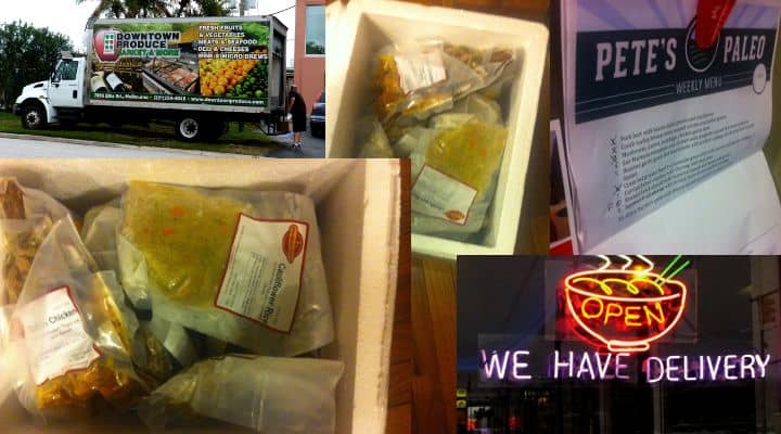 screenshot collage, premade paleo meals delivered styrofoam cooler, petes paleo menu printout and finding restaurants with paleo meals delivery