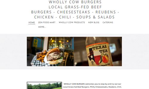 Screenshot - Wholly Cow Burgers home page - a burger joint with grass fed, hormone free, grass finished burgers, offered on a portabello bun for paleo/primal eaters