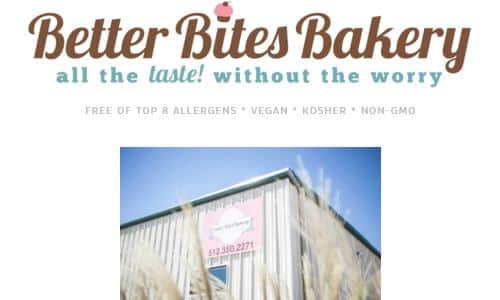 Screenshot of Better Bites Bakery Home page - a bakery in Austin specializing in gluten free baked goods for those with special allergy needs