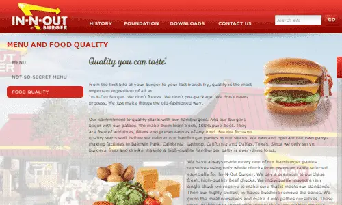 In and Out Burger Home Page Screenshot - The In and Out Burger franchise based in the west coast is considered one of the decent paleo fast food options for burgers on the west coast. This is due to the company offering their protein style lettuce wrap burger on their secret menu, but also due to them pledging to use 100% beef in their burgers, and no fillers. If you are looking for paleo and fast food on the road in California or Texas, In and Out Burger may be a good place to consider.