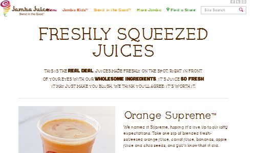 Screenshot of Jamba Juice Website - Jamba Juice is a nationwide juice chain now offering paleo friendly fast food paleo fresh pressed juice options - something to consider when on the go for a paleo snack (Jamba Juice does have hundreds of locations nationwide)