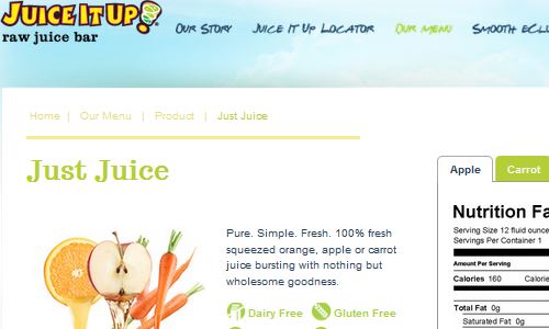 Screenshot of Juice It Up Website - A look at fast paleo juice options at Juice It Up on the west coast - a raw fresh pressed juice bar