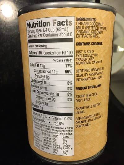 screenshot of the back of the Trader Joes Organic Paleo Coconut Milk, showing a coconut extract percentage of 48 percent. Trader Joes Organic Coconut Milk is one of the few Pure Coconut Milk No Additives on the market