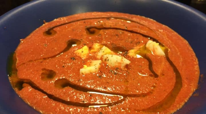 The end product of our Paleo red pepper gazpacho soup recipe - we also include a paleo version of a beet gazpacho soup recipe and classic gazpacho soup recipe in this article as well. To us, the paleo beet gazpacho is the best gazpacho recipe in the world.