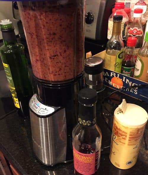 blended beet gazpacho paleo soup - This is the after image. As you can see we often use high quality sea salt, organic olive oil and use wine vinegar as a substitute for sherry vinegar in gazpacho we make