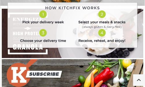 Screenshot of the Kitchfix Chicago home page, a healthy meal delivery Chicago service that offers Chicago meal delivery. If you are considering organic food delivery Chicago options, Kitchfix is worth considering.