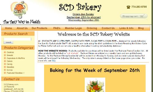 THE scd Bakery, home page screenshot pictured, offers scd products which are all scd bread and baked goods. One of the original options for getting SCD foods sent to you, this sugarless bakery has been helping countless people following the SCD and GAPS diets for years with their scd food for sale.