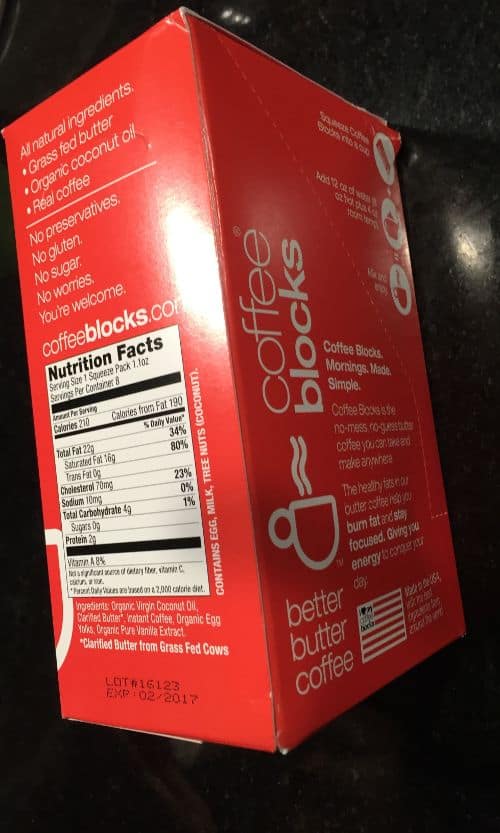 The ingrededients and nutrition facts from Coffee Blocks, photo of nutritional side of Coffee Blocks package. Might be helpful when choosing a coconut butter coffee creamer like product. Coffee Blocks is a delicious butter coconut oil coffee, housed in organic instant coffee packets. If you are considering bulletproof coffee vs coffee blocks and especially if you don't have a Keurig, Coffee Blocks is a great option for healthful instant Paleo coffee. 