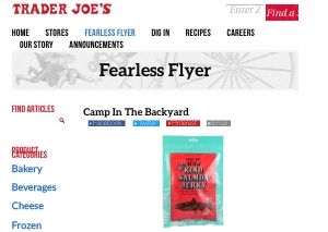 Screenshot of the Trader Joes fearless flyer newsletter archive on their website - In terms of salmon jerky trader joe's has offered several updated versions of this popular product over the years. One unique aspect of the Trader Joe's salmon jerky is that they commit to it being king salmon jerky, while other brands do not always commit to the type of salmon used.