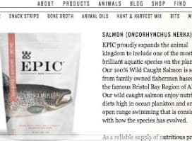 Screenshot of the Epic page where they discuss their Epic Salmon Maple Coconut Oil Bites product. These sun dried salmon bites are designed to be sourced from high quality sustainably caught alaskan salmon, with only Paleo approved sweeteners. These preserved salmon bites are glazed in maple sugars, but hopefully only lightly. 