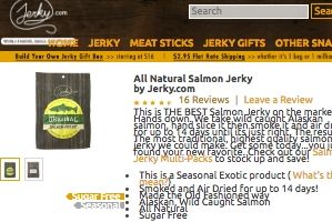 Screenshot of the jerky.com home page - They offer a wide array of jerkys, including salmon Jerky and even specialty fish jerkies like trout jerky. If you like your salmon dry, their selection of sun dried fish is pretty impressive.