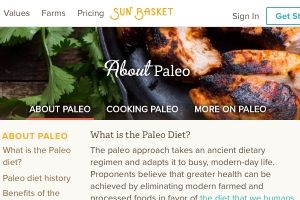 Screenshot of the Sun Basket Paleo info page on their website - Sun basket is one of the handful of paleo meal kit delivery services on the market. Some would even consider it the Best paleo meal kit delivery option because they have both a dedicated Paleo plan and you get to choose from within several menu choices versus Green Chefs more limited weekly Paleo dinner kit delivery menu.