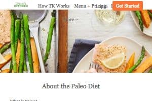 This is a screenshot of the Terra's Kitchen Paleo page on their website - Terras focuses on Paleo meal kits as one of their offerings by selecting Paleo meals through their menu. This is part of their larger overall focus on healthy meal kits and offering customers fresh ingredients delivered. 