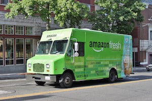 Photo of an Amazon Fresh grocery delivery truck - Amazon Fresh also answers the question "where can I buy Paleo food" for those in the cities that amazon fresh currently services through their dedicated Paleo store