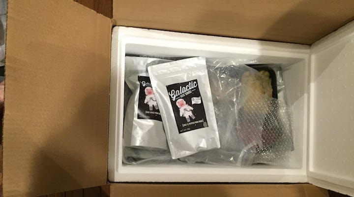 Photo of meals delivered from True Fare, one of the keto meal delivery service options covered in this article (meals come with dry ice or ice packs, in insulated coolers, express and ready to heat up and eat. This sample box contained their Galactic Hog Skins pork rinds. True Fare is worth looking into for keto diet food delivery