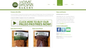 Screenshot of the HomeGrown Bakery homepage - We have outlined a lot of paleo diet banana bread products in this post. They are a good company to look into when looking for healthy banana bread no sugar options. With many no flour banana bread choices available from companies like HomeGrown Bakery 