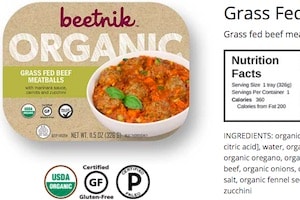 screenshot of the Beetnik Foods website showing details of their Grass Fed Beef meatballs meal. Beetnik products are some of the Paleo frozen meals walmart offers in their stores in the freezer case.