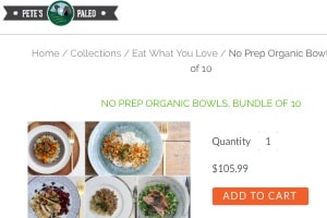 Screenshot of the Pete's Paleo website of their No Prep Organic Bowls Bundle, one of the healthy frozen meals Walmart offers through their website's partner network of suppliers/companies. These meals can be a great option for Paleo and Whole30 Walmart shoppers.