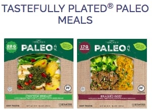 Screenshot of the Tastefully Plated website, showing two of their 3 meal offerings on the market currently. Sometimes thought of as Paleo brand frozen meals, Tastefully plated Walmart frozen meals are some of the few meals sold in the Walmart freezer aisle.