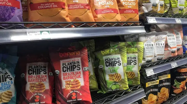 chips aisle at whole foods showing banana/plaintain chips